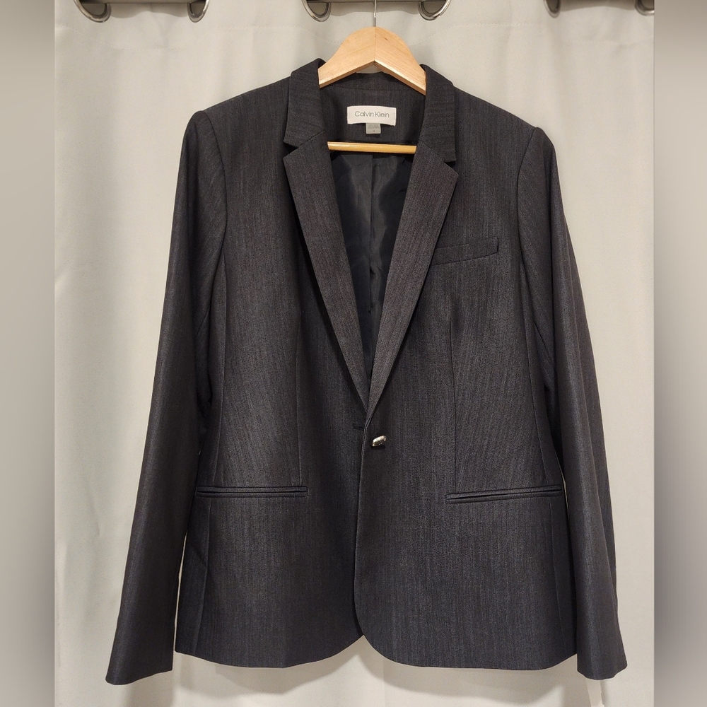 Women's 14 Calvin Klein GrayBlue Blazer, single button, front pockets rear darts